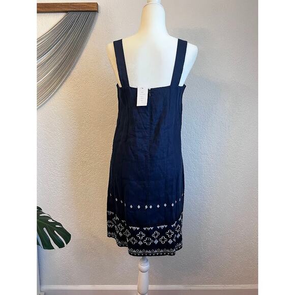 NWT Linen Neiman Marcus Navy W Sz S Shift Dress Embroidered Hem Mediterranean - Picture 3 of 9